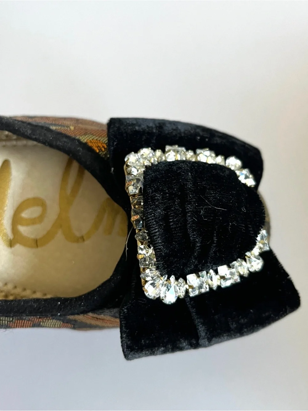 Sam Edelman girls ballet flat shoe 2 Farah gold brocade buckle black velvet bow